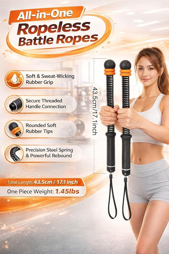 Cordless Battle Ropes with Adjustable Weight - Weighted Ropeless Battle Rope for Home Gym, Heavy Duty Portable Exercise Ropes for HIIT & Cardio Training, Black