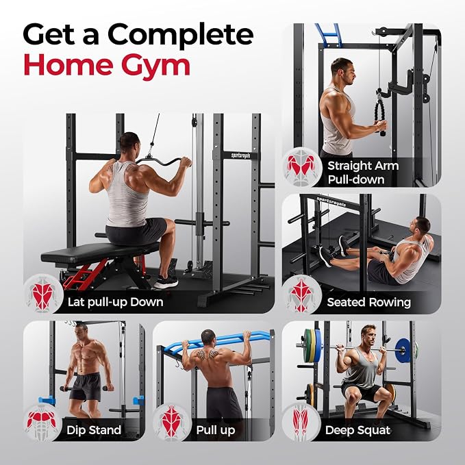 SPORTSROYALS Power Rack, Multi-Functional Power Cage, Squat Rack with Pulley System & LAT Pull Down, Workout Cage with J Hooks for Home Gym