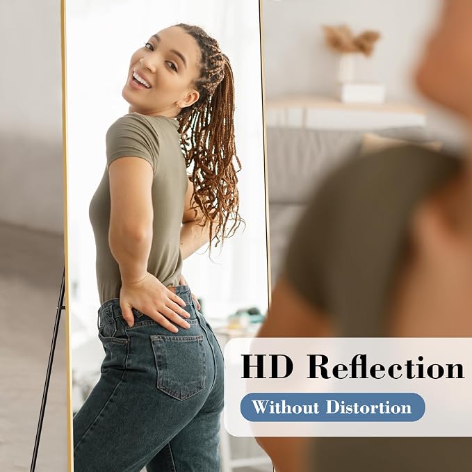 NEWBULIG 56"x21" Full Length Mirror, Full Body Standing Mirror, Gold | Leaning or Standing, Tempered Glass, Aluminum Alloy Thin Frame Floor Stand for Bedroom, Cloakroom