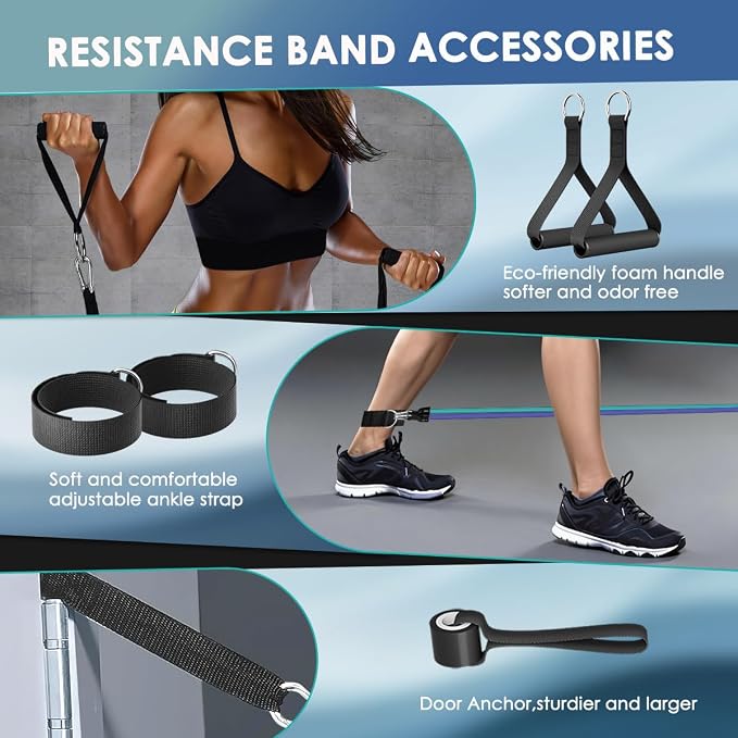 WHATAFIT Resistance Bands, Exercise Bands with Handles, Workout Bands for Working Out, Fitness Bands Set for Home Gym Full Body Strength Training, Muscle Tone, Yoga & Stretching