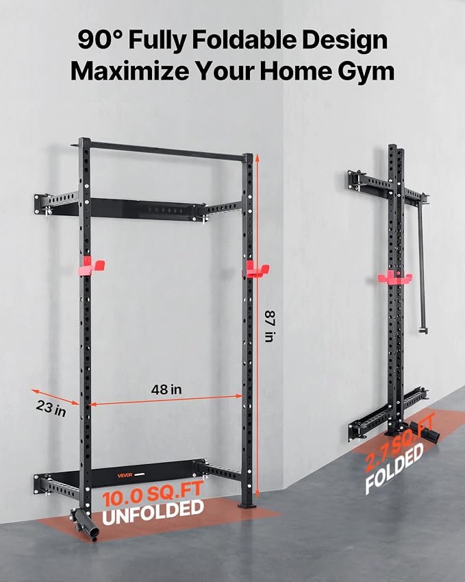 VEVOR Folding Power Cage, Wall-Mounted Power Rack Squat Rack, Multifunctional Strength Training Workout Equipment with Landmine Holder, Adjustable J-Hooks & Pull-Up Bar for Home Gym, 1000LBS Capacity