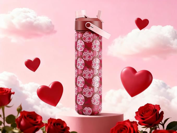 POWCAN 26 oz Insulated Water Bottle: 2-in-1 Straw and Spout Lid, Leak-proof | Keep Cold 24H, Cupholder Friendly, BPA-Free, Stainless Steel Water Bottle for Gift, Mother, Wife, Girlfriend (Sweet Rosy)