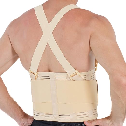 NeoTech Care Back Brace with Suspenders for Work - Industrial Lifting Safety, Elastic Compression, Hook & Loop Closure (Beige, Size M)