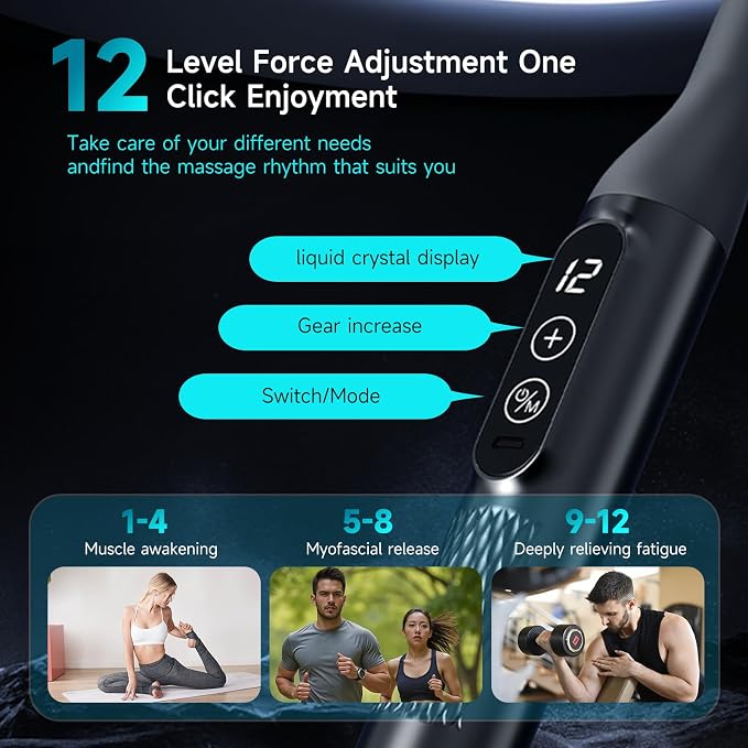 Double-Head Elbow Massage Gun, Detachable Extended Handle, 12 Levels Adjustable, 5 Heads are Replaceable