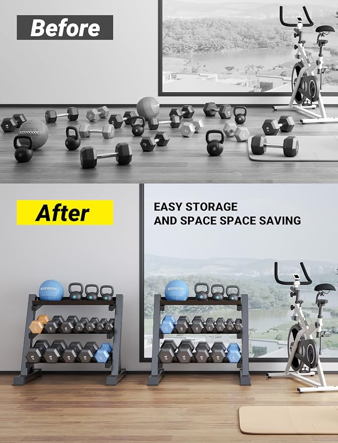 YOLEO Dumbbell Rack Stand Only, 1100LBS Heavy Duty Weight Rack for Home Gym, Adjustable 3-Tier Weight Storage Rack for Dumbbells, Barbells, Kettlebells & Weight Plates, Compact Workout Equipment Organizer
