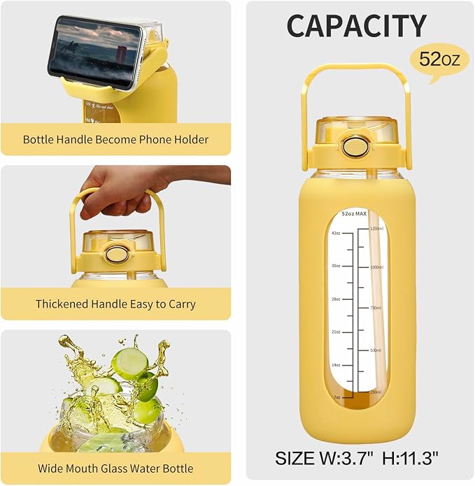 chunmo 42oz/52oz/64oz Glass Water Bolttles with Straw Half Gallon Large Motivational Water Bottle with Time Marker Sports Water Bottles with Silicone Sleeve and Handle Lid Water Jug for Gym Workout