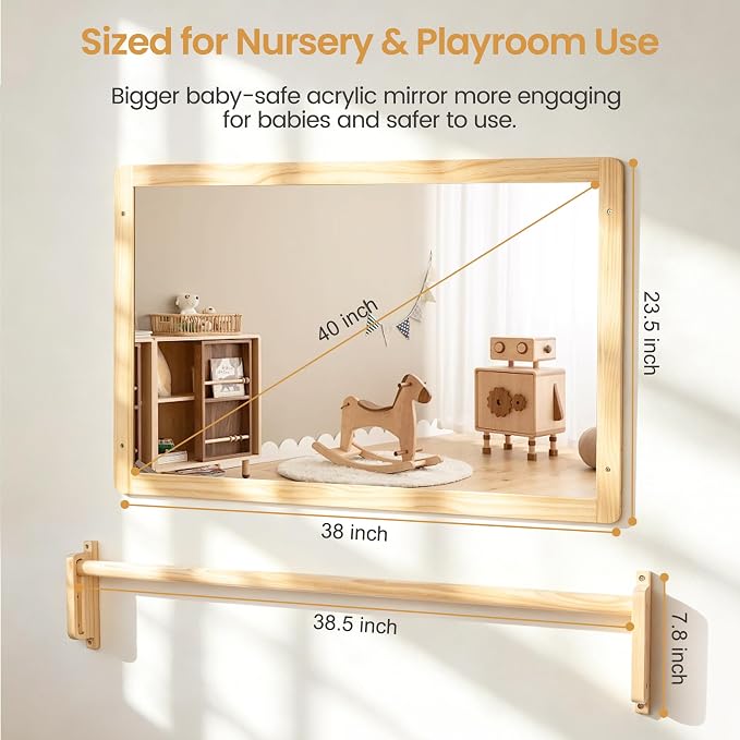 Montessori Mirror with Pull Up Bar, Large 38.2 x 23.6 in Natural Wood & Shatter-Resistant Acrylic Baby Mirror for Tummy Time, Horizontal/Vertical Floor Use, Wall Mounting and Pull-to-Stand