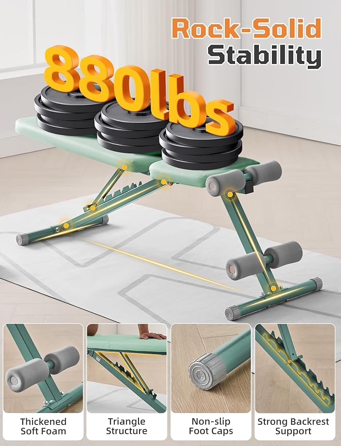 SPORTSOUL 880LB Weight Bench, 8-Position Backrest Adjustable Workout Bench | Foldable Weight Bench for Home Gym Strength Training – Incline Decline Flat, Compact for Small Space Apartment Room Garage