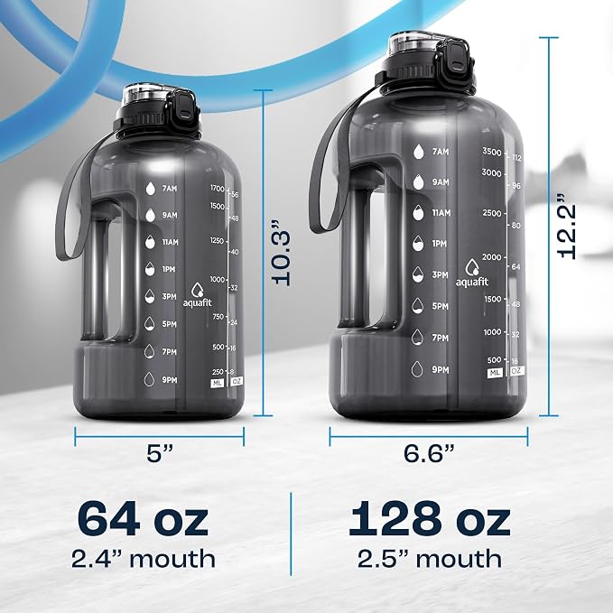 AQUAFIT 1 Gallon Water Bottle with Time Marker, 2in1 Lid | BPA Free 128 oz Water Bottle with 2in1 Straw and Chug Lid - Leakproof Gym Water Bottle with Carry Handle (Nebula)