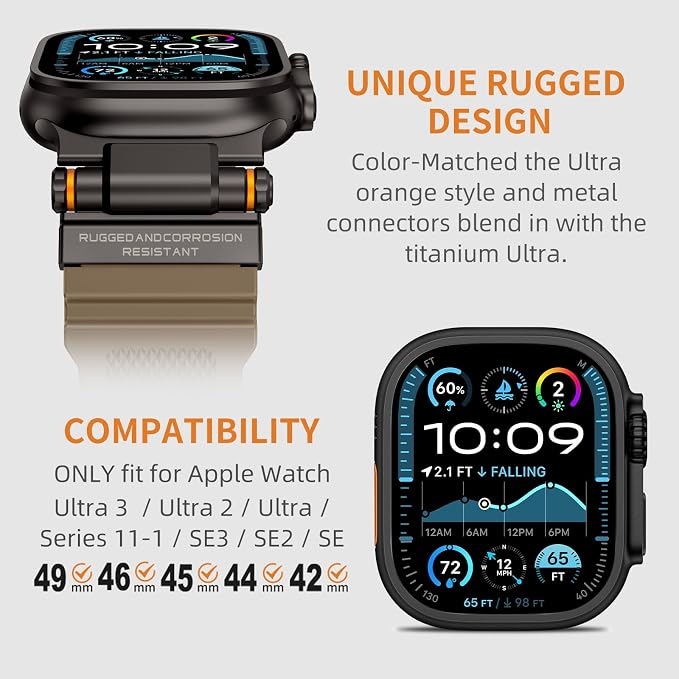 Band Compatible with Apple Watch Ultra 3/2/1 Band 49/46/45/44mm | Metal Connector with Silicone Rugged Strap for iWatch Ultra Series 11/10/9/8/7/6/SE3/SE2/SE/5/4/3/2/1, Desert Tan/Black