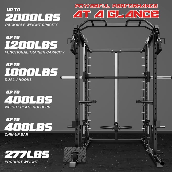 S1-V4 Smith Machine, 2000LBS Power Cage with Cable Crossover System, All-in-One Squat Rack with Smith Bar, Strength Training Equipment for Home Gym