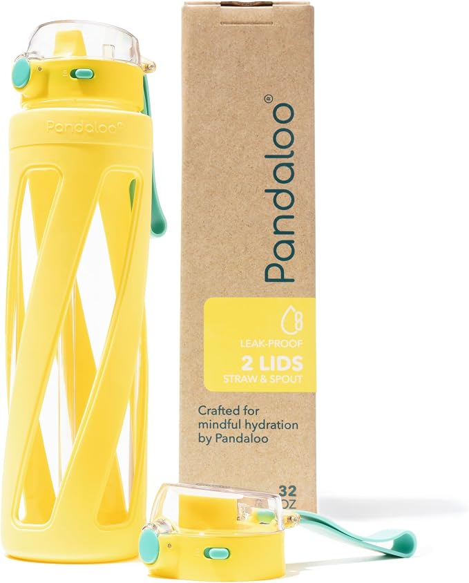 Pandaloo® Orbit 32 oz Glass Water Bottle with 2 Leak-Proof Lids (Straw & Spout), Wide Mouth, Borosilicate Glass, BPA-Free, Cup Holder Friendly for Gym, Work, Travel & Daily Hydration– Sunbeam Yellow