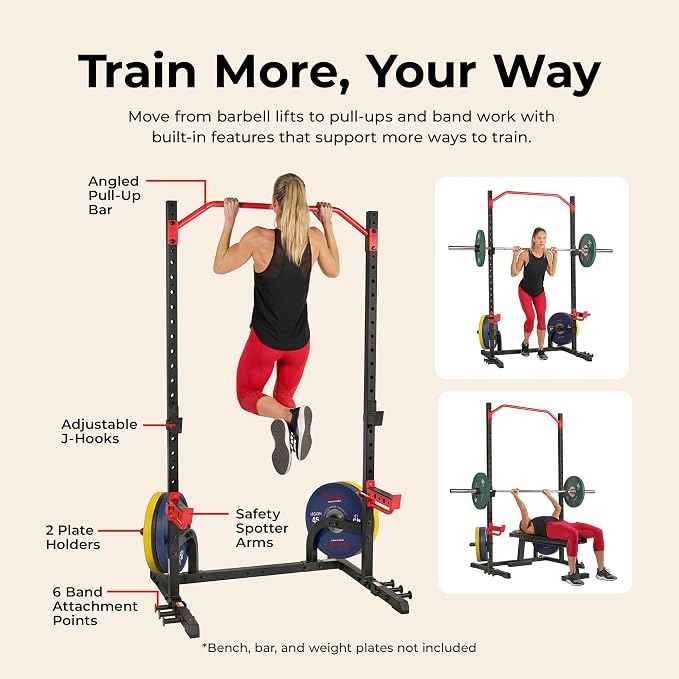 Sunny Health & Fitness Multifunctional Strength Training Home Gym – Complete Workout Equipment with Training Attachments, Optional Squat Stand, Power Rack Cage, Adjustable Incline Bench