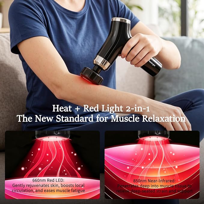 Sfozstra Massage Gun: Heat Cold Therapy Red Light Long Handle Massager | 12 Speeds/660nm Red LED / 850nm Infrared / 3000RPM Motor / Smart Pressure Sensor / Quiet Portable Design/