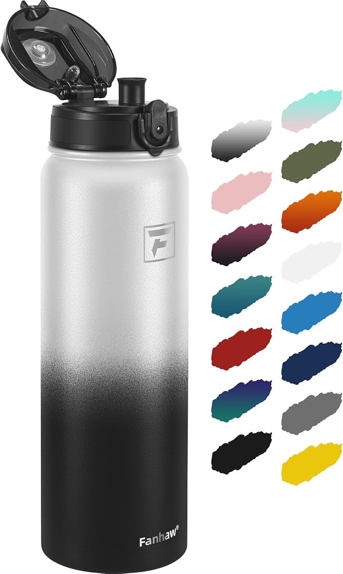 Fanhaw 40 oz Insulated Stainless Steel Water Bottle with Chug Lid, Leakproof & Sweat-Free Extra-Large Metal Bottle for Outdoor, Hiking & Gym (White Black)