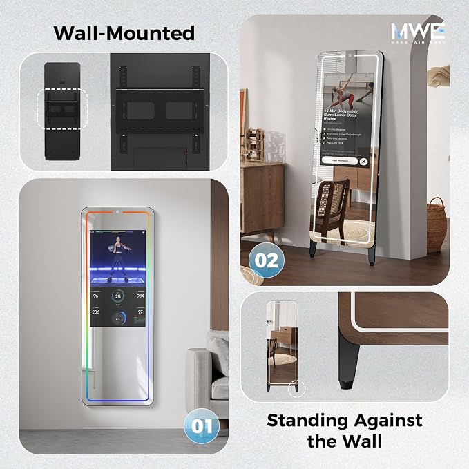 Smart Fitness Mirror, 32 Inch HD Touchscreen, 63 Inch Full-Length Workout Mirror, Android 12, RGB Music Sync, Wall Mount/Stand