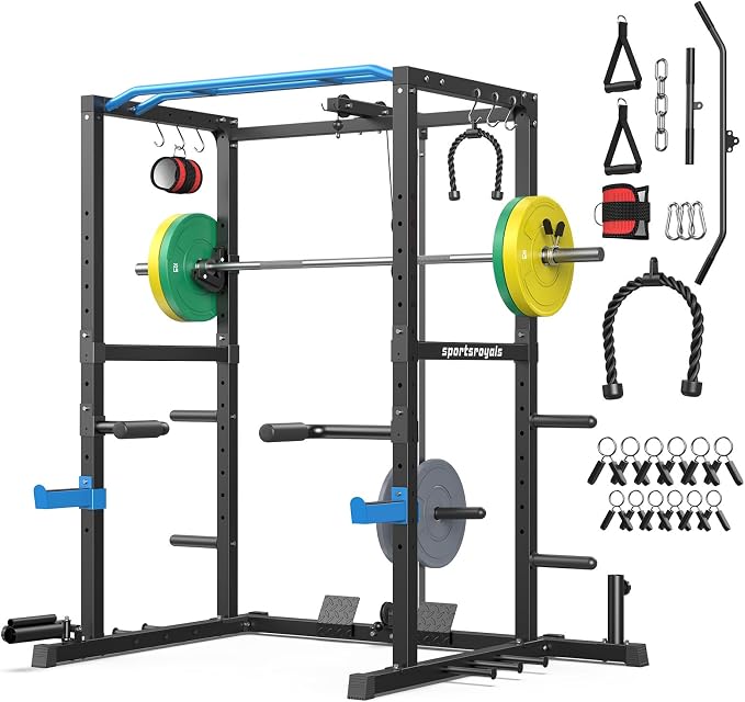 SPORTSROYALS Power Rack, Multi-Functional Power Cage, Squat Rack with Pulley System & LAT Pull Down, Workout Cage with J Hooks for Home Gym