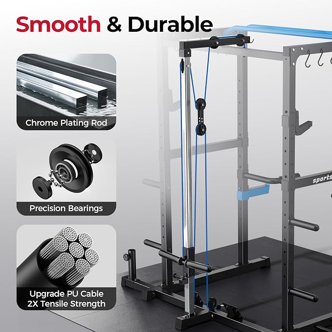 SPORTSROYALS Power Rack, Multi-Functional Power Cage, Squat Rack with Pulley System & LAT Pull Down, Workout Cage with J Hooks for Home Gym