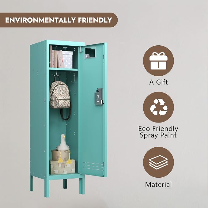BUTISOW Metal Storage Locker with Lock & Card Slot Locker - Secure Lockable Door - Steel Locker for School, Office, Gym, Home - 54" H x 15" W x 15" D（1 Door, Teal）