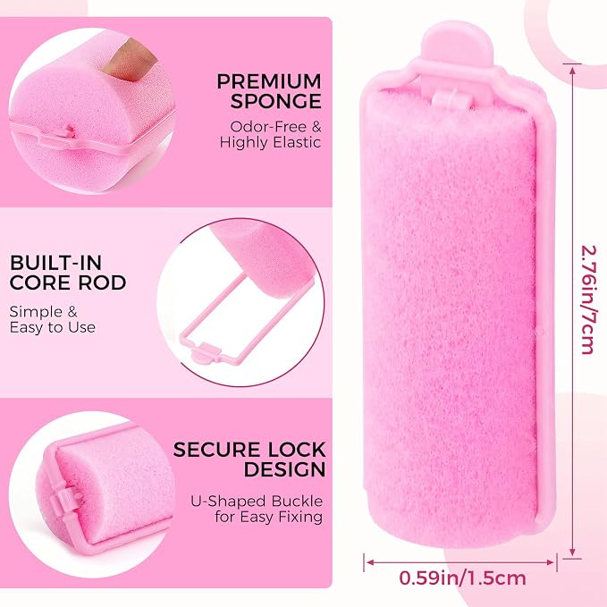 43 PCS Foam Hair Rollers - 0.59 Inch Sponge Rollers for Heatless Hair Curler Flexible Sponge Curler Tool and Rat Tail Comb for Short/Long Hair Soft Sleeping Thin Hair Curl Overnight Rulos