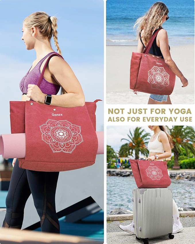 Gonex Yoga Mat Bag For Women Canvas Tote Pilates Gym Bag With Mat Carrier | Front-Opening Quick Access Mat Straps, Durable Cotton Canvas, Machine Washable, Bottle Holder Multi Pockets, Yoga Gym Travel