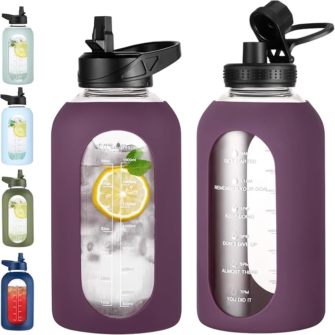 EALGRO 64 oz Glass Water Bottle with Straw, Large Half Gallon Water Jug | Sports Motivational Water Bottle with Time Marker and Silicone Sleeve, Flask Cup with Handle for Travel, Gym, Dark Purple