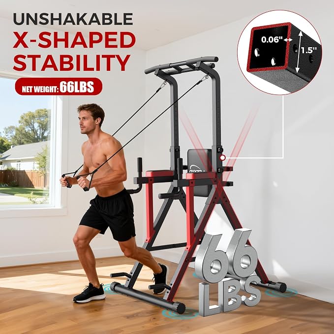 Power Tower Pull Up Bar Free Standing,Multi-Level Adjustable Height Dip Station, Multi-Grip Handles,Backrest,Home Gym Strength Training Equipment with Power Elastic Ropes,Capacity 400LBS