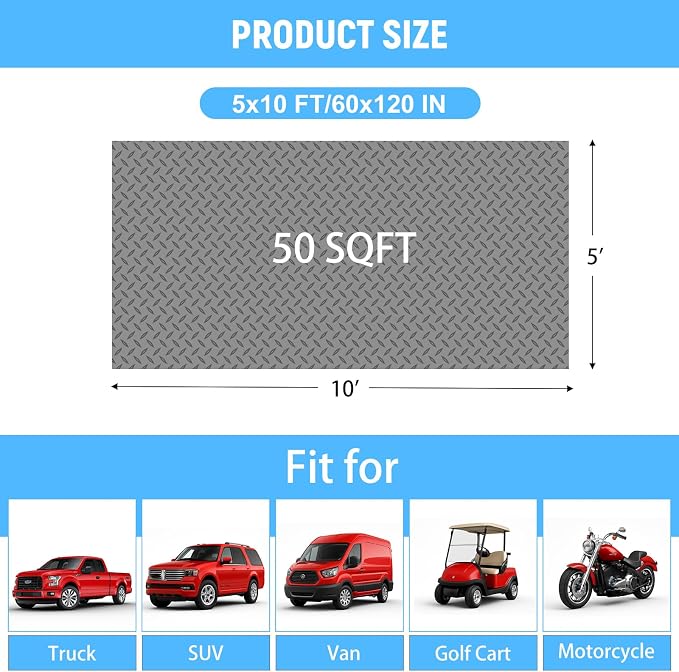 5x10 FT Garage Floor Mat, 2.8mm Thickened Diamond Plate | PVC Flooring Roll for Under Car/Golf Cart/Motorcycle, Garage Mat for Warehouse/Basement/Gyms/Trailer, Tapes Included, Gray
