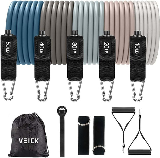 VEICK 10-150LBS Resistance Bands with Handles, Ankle Straps, Door Anchor | Accredited Lab Certified, 100% Natural Latex, Versatile for Yoga, Pilates, Strength, Home Gym