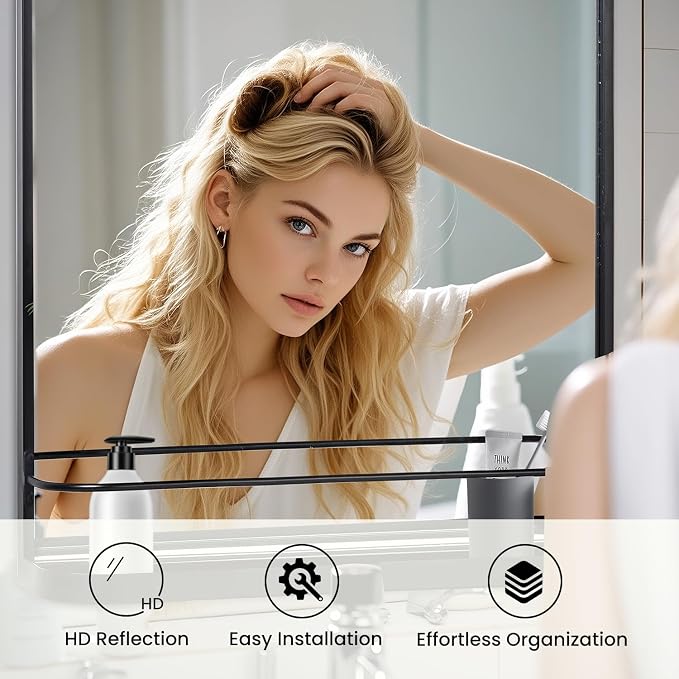 VASUHOME Black Bathroom Mirror with Shelf - Bathroom Vanity Mirror with Metal Frame with Rounded Corners - 26.8" x 21.3" - Perfect for Living Room, Bedroom, Bathroom, Entryway
