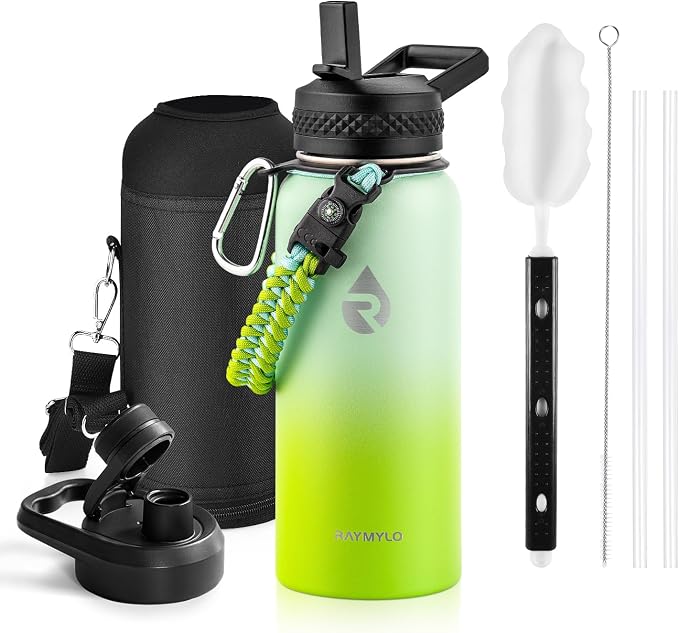 RAYMYLO Insulated Water Bottle 32 oz, Triple Wall Vacuum Stainless Steel | (Cold for 24Hrs, Hot for 12Hrs), Leak Proof & Non-BPA, Modern Water Flask Jug with Paracord Handle & Straw Spout Lids