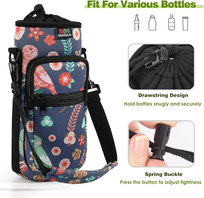 Nuovoware Water Bottle Carrier Bag, 750ml Bottle Pouch Holder, Adjustable Shoulder Hand Strap 2 Pocket Sling Neoprene Sleeve Sports Accessories for Hiking Travelling Camping, Green Bird+Blossoms