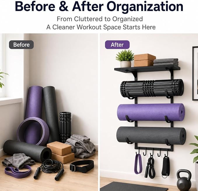 Wall Mount Yoga Mat Storage Rack, Heavy Duty Iron Organizer with 3-Tier J-Hooks, Wide Top Shelf and 5-Hook Bottom Rail for Yoga Mats, Foam Rollers, Blocks and Home Gym Accessories