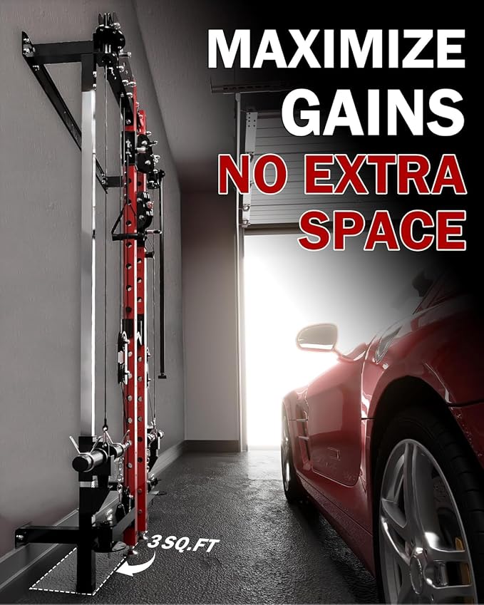 Mikolo Folding Squat Rack, Wall Mounted Power Rack with Cable Crossover Machine & LAT Pull Down, Functional Trainer with 5 Adjustable Function Modes, Home Gym Package
