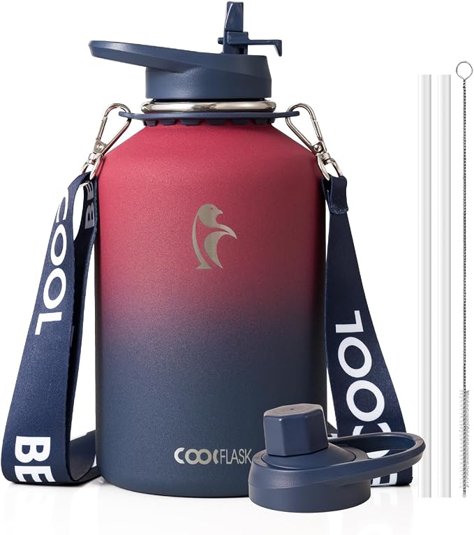 Coolflask Half Gallon Water Bottle Insulated Stainless Steel with Strap | 64 oz Large Water Jug with Straw & Spout Lids,Triple-Wall, Cold 48+h,Dishwasher Safe, Leakproof, BPA-Free,for Gym & Hiking