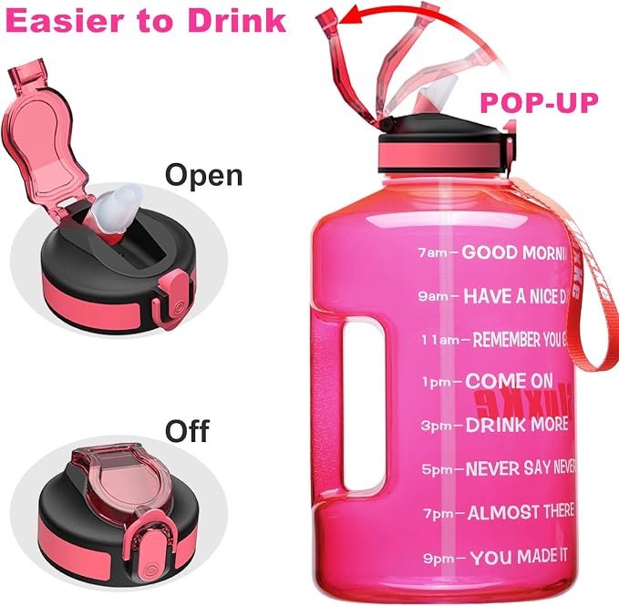 SLUXKE 1 Gallon Motivational Sports Water Bottle with Time Marker, BPA Free 128oz Leak Proof Jug, Black, Plastic, 128 ounces, Fitness, Sports, Outdoor Activities