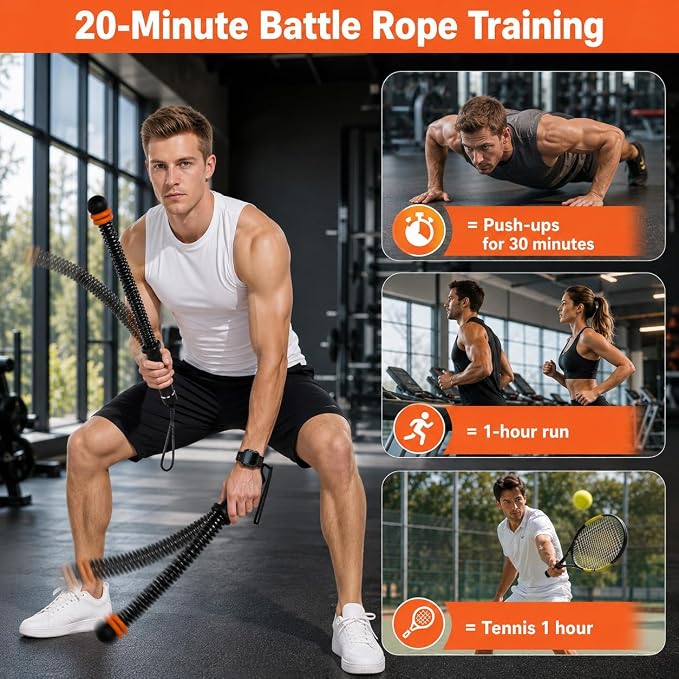 Cordless Battle Ropes with Adjustable Weight & Ropeless Battle Ropes for Home Gym – Low Impact HIIT Strength Training for Men & Women (Black)