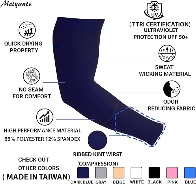 Cooling Arm Sleeves for Men & Women, UPF 50+ UV Protection | Wrist-length UPF 50+ arm sleeves for work, driving, gardening and sports; 88% nylon/12% spandex; 1 pair.