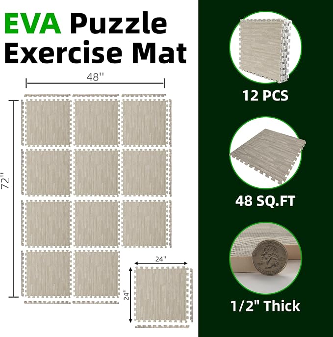 Art3d 12 Pack 24" x 24" EVA Interlocking Exercise Mats, 1/2" Thick Foam Puzzle Flooring for Workout, Gym Equipments, Training Areas, 48 Sq.FT, Grey Oak