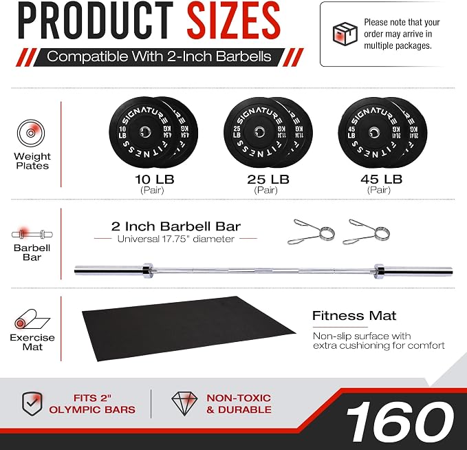 Fitvids 2-Inch Olympic Rubber Weight Plates Sets, Bumper Plates Set Barbell with Mat for Strength Training, 80-370 Lbs Multiple Options