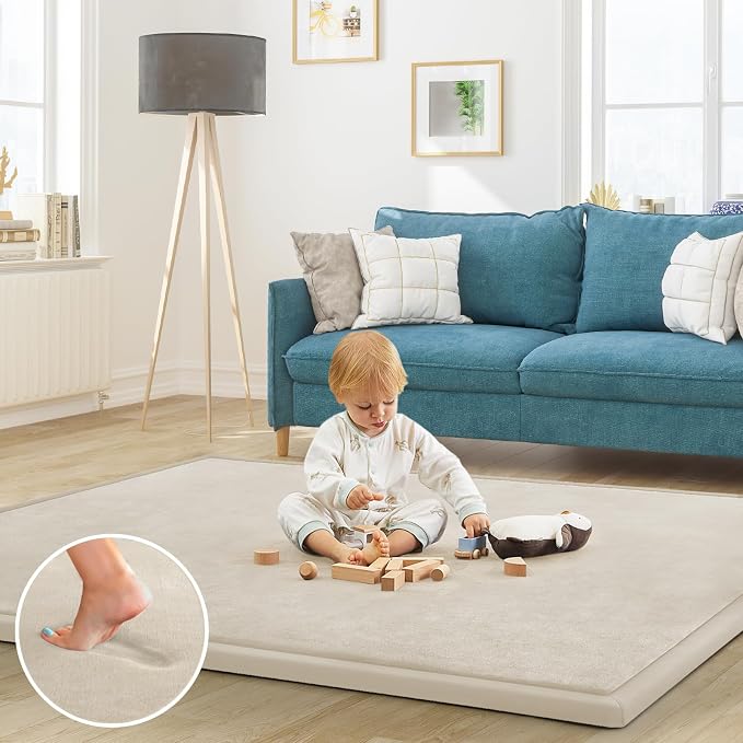 Baby Play Mat for Floor Nursery Rug Muscle Mat Area Rug Playroom Rug 47"x47" Playpen Mat Elastic Foam 1.3" Thick Crawling Mat for Babies,Toddlers, Infants, Kids,A Beige