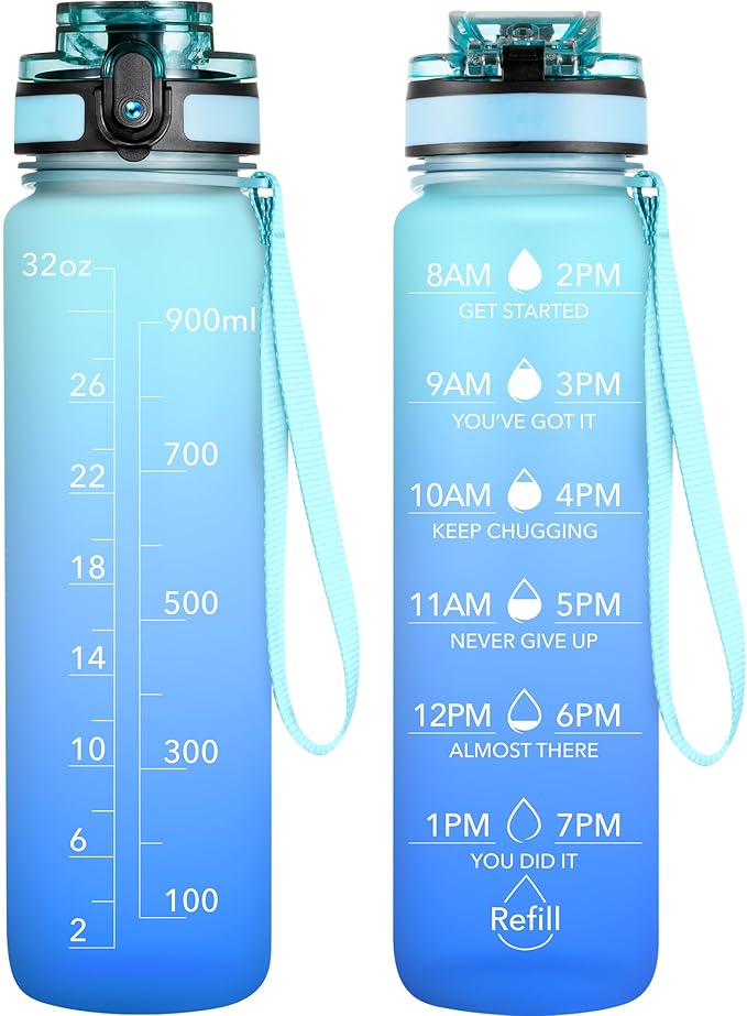 OLDLEY Water Bottle, 32oz Motivational Sports Water Bottle with Time Marker - Times to Drink - Tritan, BPA Free, Wide Mouth Leakproof,Sky