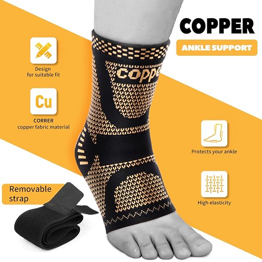 Copper Ankle Brace Adjustable Compression Support (1Pair, Medium) | Removable Figure-8 Straps, Anatomical fit - Ankle Sprains & Tendonitis & Plantar Fasciitis & Sports & Injury Recovery