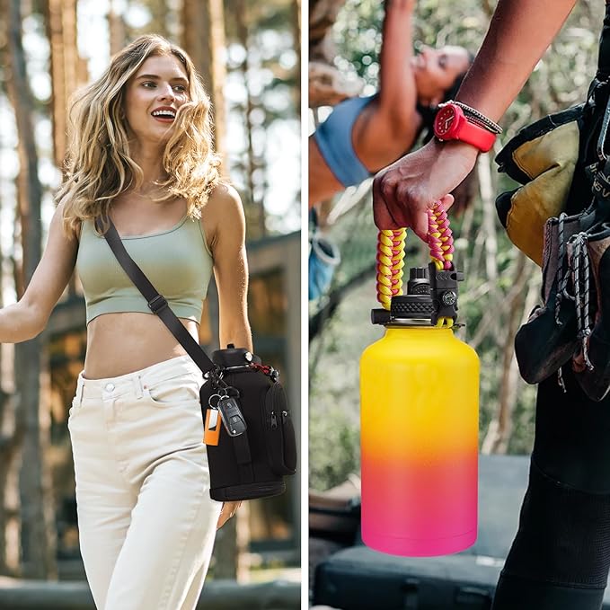 64 oz Water Bottles Insulated - Cold 48H Hot 24H, Half Gallon Water Jug w/ Straw & Spout Lid, Handle Strap Carrier Bag, Leak Proof 2Liter Stainless Steel Thermo Flask for Gym Sports Work Coral Orange