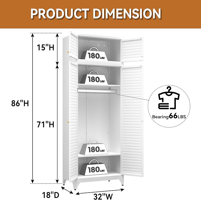Polup 86" Tall Metal Armoire Wardrobe Closet for Hanging Clothes | White Heavy Duty Steel 4-Door Clothing Storage Cabinet with Adjustable Shelves, Rod, for Bedroom, Office (Ships in 2 Boxes)