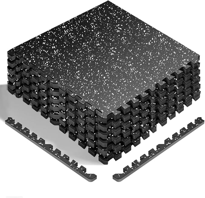 HAPBEAR 0.56'' Thick 12 Pcs 48 Sq Ft Exercise Equipment Mats - High-Density Rubber Top EVA Foam Interlocking Mats, 24x24in Tiles, Heavy-Duty Treadmill Mat for Hardwood Floors, Home Gym Mat