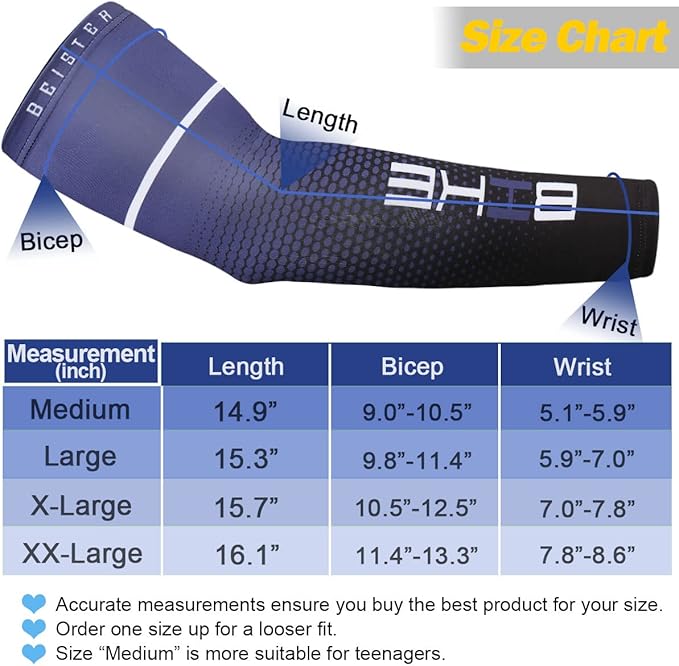 beister Arm Sleeves for Men & Women, UV Protection Cooling Cover and Cyling | Lightweight stretch; sweat-wicking comfort; cycling, volleyball, baseball, driving and gardening; washable tattoo coverage