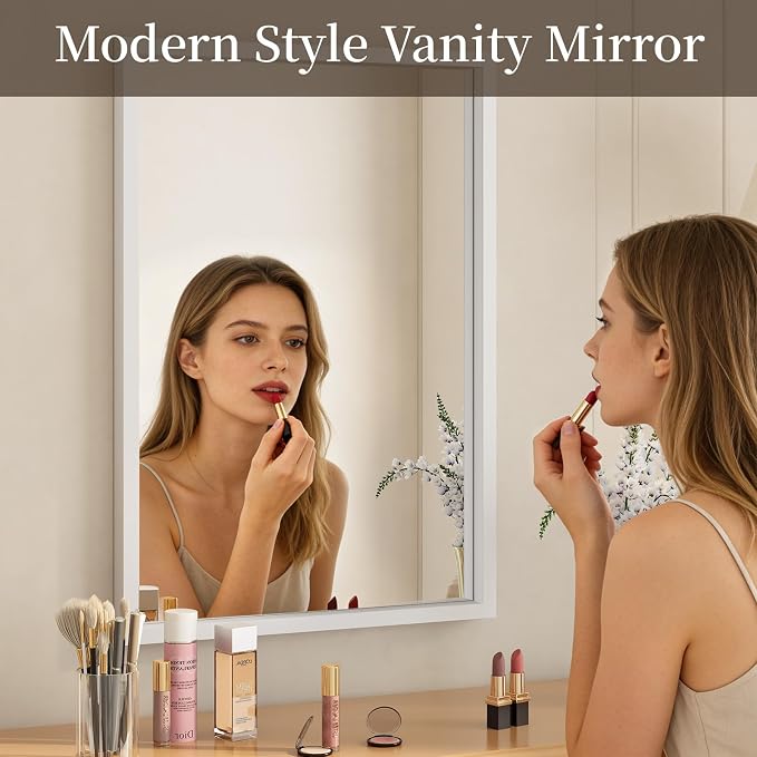 Syndra White Wood Frame Bathroom Mirror, 24''x36'' Modern Vanity Mirror for Wall, Waterproof Slim Deep Frame, Rectangular HD Tempered Glass Mirror for Living Room, Bedroom, Entryway, Rustic, Farmhouse