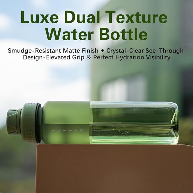 OLDLEY 32oz Water Bottle with Handle, BPA-Free Tritan Reusable Sports Water Bottle with Leak-Proof Dust Lid, Wide Mouth, Cup Holder Friendly, Half Frosted Clear Bottle for Gym,Travel,Work,Olive Green
