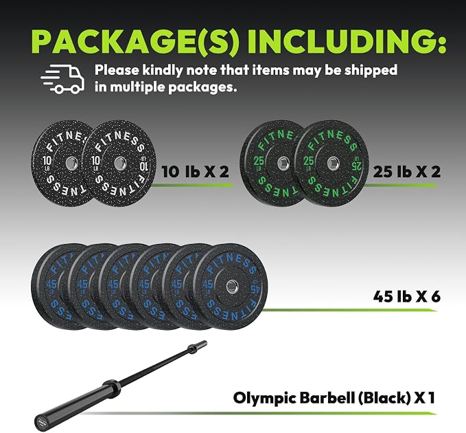 HANDBODE Olympic Barbell Set, 2-Inch Bumper Plates with Weight Plate Rack | Colored Crumb Rubber Weight Plates for Weight Lifting & Strength Training, 90–530 lb Set with 45 LB (20 kg) Olympic Barbell